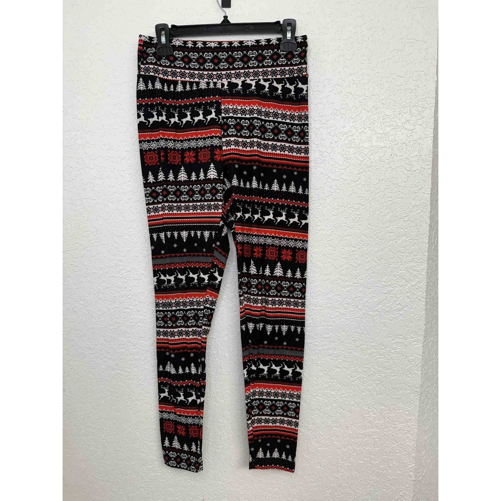 No Boundaries Womens Fair Isle Reindeer Holiday Leggings Red Black White L 11-13